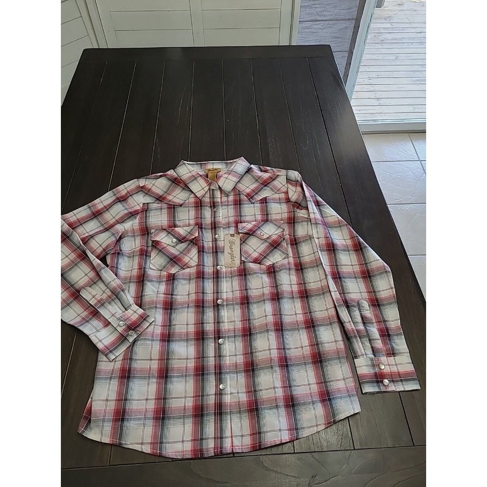 Wrangler Shirt Womens Large Red Black Western Pearl Snap Cowboy Rodeo Ladies